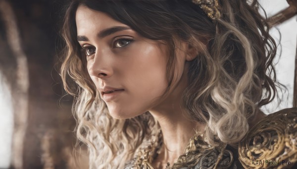 1girl,solo,long hair,brown hair,hair ornament,brown eyes,closed mouth,multicolored hair,armor,blurry,lips,eyelashes,depth of field,blurry background,wavy hair,looking away,portrait,close-up,curly hair,realistic,nose,looking afar,looking at viewer,blonde hair,black hair,parted lips