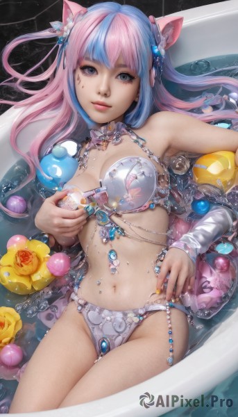 1girl,solo,long hair,breasts,looking at viewer,bangs,blue eyes,hair ornament,navel,animal ears,jewelry,medium breasts,closed mouth,underwear,blue hair,swimsuit,pink hair,flower,bikini,multicolored hair,detached sleeves,artist name,cat ears,water,nail polish,bra,two-tone hair,lips,fingernails,wet,grey eyes,makeup,facial mark,gem,pink nails,partially submerged,realistic,grabbing own breast,bathtub,rubber duck,cleavage,bare shoulders,panties,ahoge,lying,choker,signature,hair flower,on back,stomach,streaked hair,eyelashes,rose,watermark,web address,pink flower,water drop,pink lips,yellow flower,bathing,yellow nails,afloat,pearl (gemstone)