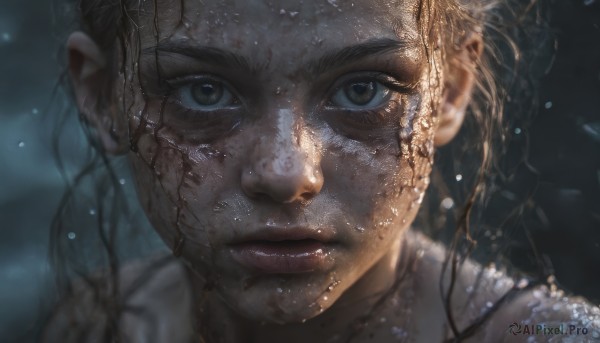 1girl,solo,long hair,looking at viewer,brown hair,black hair,brown eyes,closed mouth,water,blurry,lips,wet,grey eyes,depth of field,blurry background,portrait,close-up,freckles,realistic,nose,wet hair,eyelashes,dirty,dirty face,cracked skin