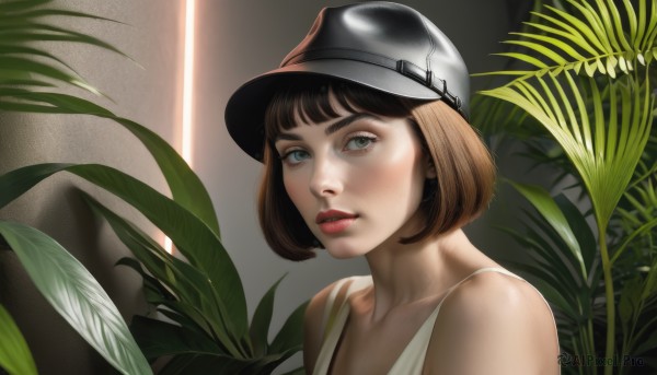 1girl,solo,looking at viewer,short hair,bangs,blue eyes,brown hair,shirt,hat,bare shoulders,collarbone,white shirt,upper body,parted lips,indoors,lips,grey eyes,leaf,bob cut,helmet,tank top,plant,portrait,realistic,nose,red lips,green eyes,teeth,eyelashes,makeup,sunlight,lipstick,goggles