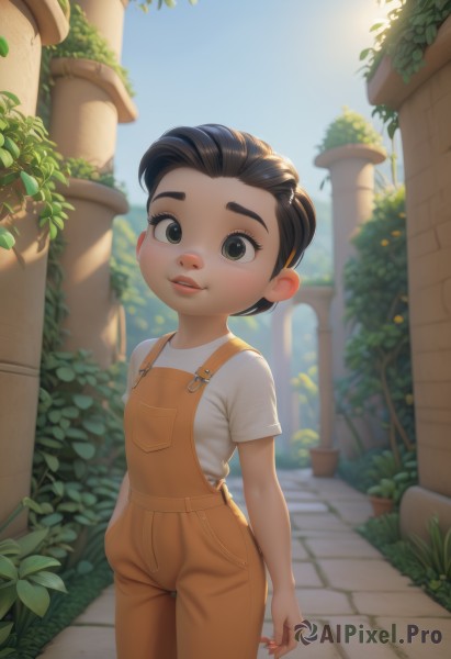 1girl,solo,looking at viewer,blush,smile,short hair,brown hair,shirt,black hair,brown eyes,standing,white shirt,short sleeves,outdoors,parted lips,sky,day,black eyes,blue sky,lips,thick eyebrows,plant,child,female child,overalls,pillar,open mouth,teeth,aged down,nose,male child,vines,hair slicked back