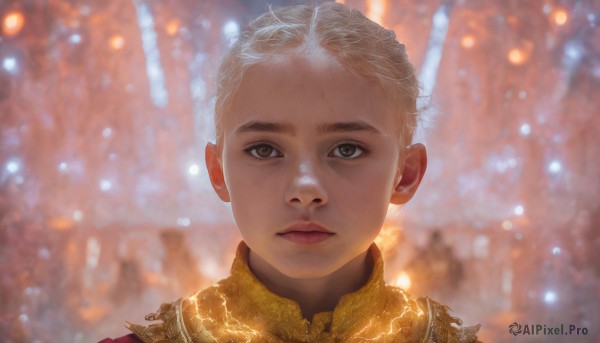 solo,looking at viewer,short hair,blonde hair,1boy,brown eyes,closed mouth,white hair,male focus,blurry,lips,blurry background,child,portrait,snow,freckles,snowing,realistic,nose,male child,straight-on,1girl,outdoors,glowing,expressionless,light particles,fantasy