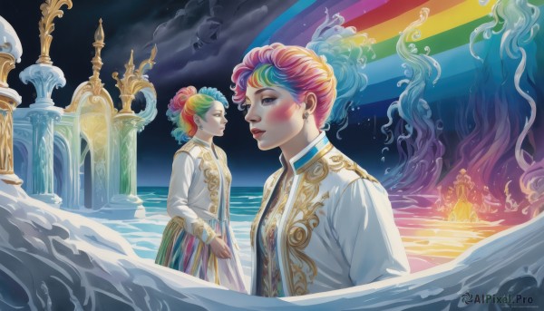 1girl,short hair,multiple girls,long sleeves,1boy,dress,2girls,jewelry,blue hair,standing,closed eyes,ponytail,pink hair,red hair,multicolored hair,earrings,outdoors,parted lips,multiple boys,sky,cloud,2boys,water,looking at another,from side,two-tone hair,lips,streaked hair,profile,makeup,night,bird,siblings,ocean,moon,cloudy sky,lipstick,star (sky),night sky,multicolored clothes,eye contact,eyeshadow,robe,multiple others,rainbow,pillar,waves,statue,colorful,surreal,column,unicorn,rainbow hair,elephant,aurora,blush,hair ornament,upper body,green hair,artist name,hair bun,coat,eyelashes,aqua hair,single hair bun,white jacket,dual persona,white coat,red lips