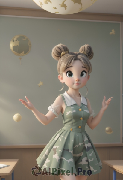 1girl,solo,breasts,looking at viewer,smile,short hair,bangs,skirt,brown hair,shirt,hair ornament,dress,closed mouth,green eyes,standing,short sleeves,cowboy shot,small breasts,sleeveless,indoors,hair bun,see-through,parted bangs,hands up,double bun,buttons,sleeveless dress,green skirt,child,desk,freckles,green dress,female child,classroom,school desk,chalkboard,see-through sleeves,puffy sleeves,artist name,table,planet,globe