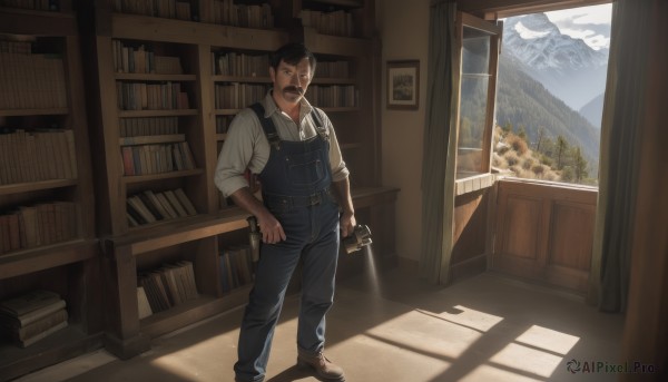 solo,short hair,open mouth,brown hair,shirt,black hair,1boy,holding,standing,white shirt,weapon,male focus,boots,collared shirt,pants,indoors,gun,book,window,shadow,facial hair,chair,brown footwear,curtains,scenery,beard,handgun,sleeves rolled up,mountain,mustache,bookshelf,overalls,painting (object),looking at viewer,shoes,sword,holding weapon,sunlight,holding book,mount fuji