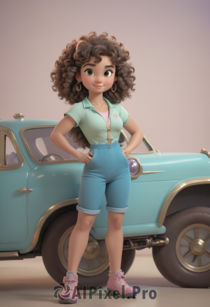 1girl,solo,long hair,breasts,looking at viewer,smile,brown hair,shirt,brown eyes,jewelry,closed mouth,standing,collarbone,full body,short sleeves,earrings,small breasts,shoes,shorts,collared shirt,dark skin,dark-skinned female,lips,eyelashes,denim,ground vehicle,sneakers,child,motor vehicle,blue shorts,curly hair,hands on hips,hoop earrings,green shirt,pink footwear,female child,car,big hair,vehicle focus,very dark skin,afro,blush,artist name,high heels,makeup,watermark,thick eyebrows,gold earrings,aqua shirt