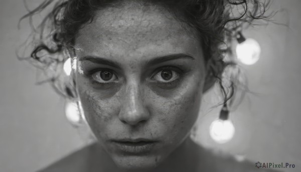 1girl,solo,looking at viewer,short hair,simple background,jewelry,closed mouth,monochrome,greyscale,earrings,grey background,blurry,lips,depth of field,messy hair,portrait,freckles,realistic,straight-on,1boy,male focus,eyelashes,glowing,scar