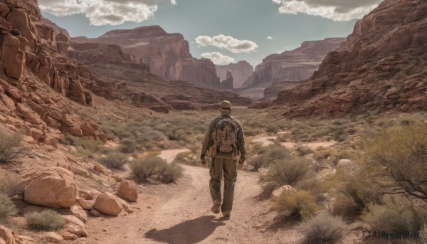 solo,short hair,long sleeves,1boy,hat,standing,jacket,male focus,outdoors,sky,day,pants,cloud,bag,from behind,blue sky,shadow,backpack,cloudy sky,grass,nature,scenery,walking,rock,mountain,arms at sides,gloves,helmet,realistic,landscape,desert