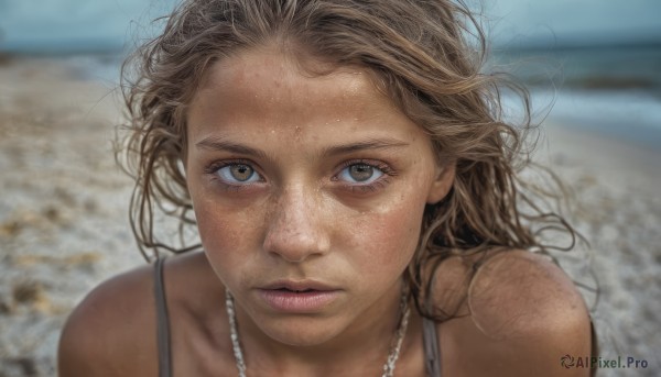 1girl,solo,long hair,looking at viewer,brown hair,bare shoulders,brown eyes,jewelry,closed mouth,outdoors,dark skin,necklace,blurry,dark-skinned female,lips,blurry background,beach,messy hair,portrait,forehead,freckles,realistic,day,close-up,dirty