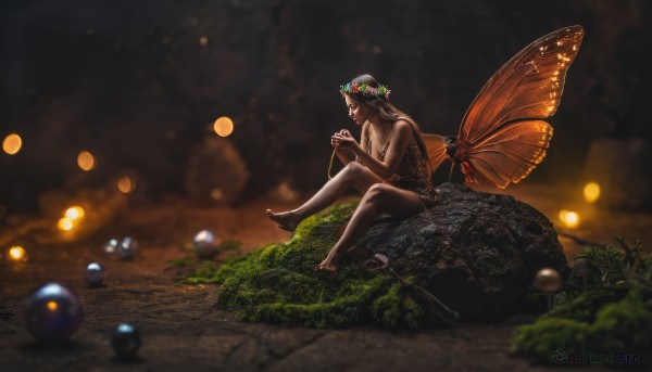 1girl,solo,breasts,brown hair,black hair,hair ornament,cleavage,medium breasts,sitting,closed eyes,flower,nude,wings,barefoot,pointy ears,hair flower,blurry,depth of field,grass,bug,minigirl,rock,fantasy,fairy wings,fairy,head wreath,butterfly wings,long hair,dress,bare shoulders,bare legs,butterfly,realistic,bokeh,wreath