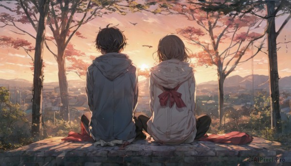 1girl,long hair,short hair,brown hair,black hair,1boy,sitting,jacket,hetero,outdoors,sky,pants,cloud,hood,from behind,scarf,tree,hoodie,bird,black pants,hood down,couple,building,scenery,hooded jacket,sunset,red scarf,city,sun,facing away,cityscape,twilight,long sleeves,bow,ribbon,coat,fur trim,mountain,winter clothes,indian style,bare tree