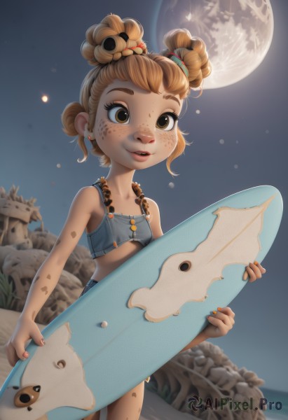 1girl,solo,looking at viewer,smile,short hair,open mouth,brown hair,hair ornament,holding,brown eyes,jewelry,swimsuit,bikini,earrings,outdoors,parted lips,sky,teeth,midriff,hair bun,nail polish,flat chest,lips,double bun,night,beach,moon,child,night sky,full moon,freckles,female child,shell,orange nails,body freckles,breasts,bare shoulders,small breasts,crop top,underboob,ocean,tank top,denim,dirty,dirty face,surfboard