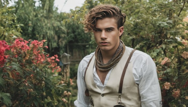 solo,looking at viewer,short hair,brown hair,shirt,long sleeves,1boy,brown eyes,jewelry,closed mouth,white shirt,upper body,flower,male focus,outdoors,day,collared shirt,dark skin,necklace,blurry,vest,tree,lips,dress shirt,buttons,blurry background,dark-skinned male,suspenders,plant,nature,curly hair,realistic,brown vest,blue eyes,black hair,facial hair,leaf,watch,chest hair