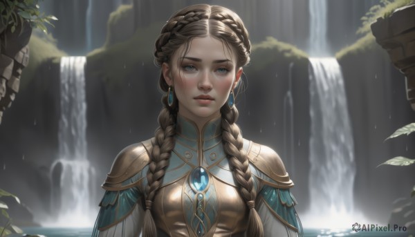 1girl,solo,long hair,breasts,looking at viewer,blue eyes,brown hair,dress,jewelry,closed mouth,upper body,braid,earrings,outdoors,artist name,tears,water,armor,twin braids,lips,wet,leaf,plant,shoulder armor,gem,hair over shoulder,rain,pauldrons,water drop,breastplate,realistic,nose,waterfall,blush,bangs,parted lips,blurry,blurry background,expressionless,forehead,crown braid,gold,blue gemstone