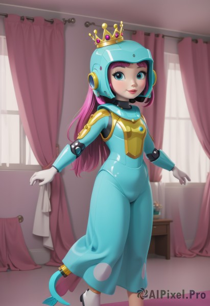 1girl,solo,long hair,breasts,looking at viewer,smile,bangs,blue eyes,gloves,closed mouth,standing,tail,full body,pink hair,purple hair,small breasts,indoors,white gloves,armor,lips,window,bodysuit,standing on one leg,helmet,crown,curtains,skin tight,headset,android,joints,mermaid,vase,blue bodysuit,blush,dress,covered navel,science fiction,shiny clothes,robot joints,spacesuit