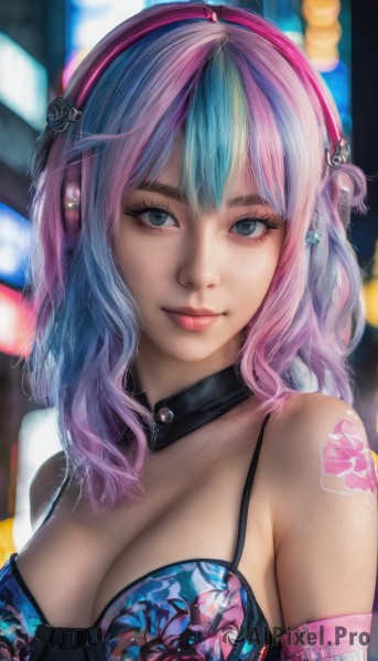 1girl,solo,long hair,breasts,looking at viewer,smile,bangs,blue eyes,large breasts,cleavage,bare shoulders,jewelry,medium breasts,closed mouth,blue hair,swimsuit,upper body,pink hair,bikini,multicolored hair,choker,blurry,two-tone hair,lips,streaked hair,grey eyes,eyelashes,tattoo,makeup,blurry background,headphones,piercing,ear piercing,pink lips,realistic,nose,arm tattoo,underwear,artist name,bra,collar,detached collar,watermark,eyeshadow,mascara