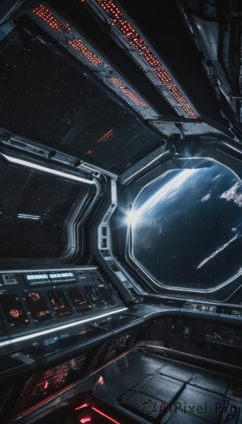 signature,no humans,star (sky),scenery,science fiction,realistic,space,planet,earth (planet),spacecraft,spacesuit,cockpit,window,cable,lights