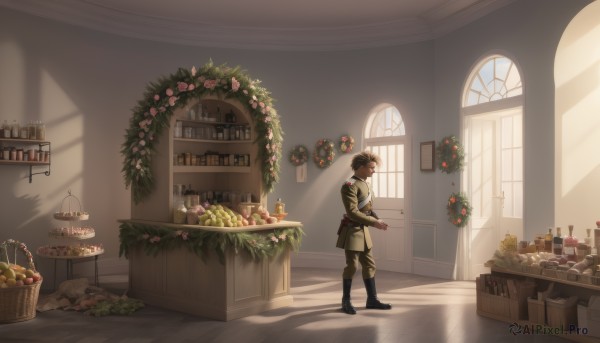 solo,short hair,brown hair,gloves,long sleeves,1boy,holding,standing,jacket,flower,male focus,boots,food,day,belt,pants,indoors,black footwear,uniform,military,window,military uniform,fruit,shadow,sunlight,bottle,plant,box,scenery,cake,pouch,basket,candle,wide shot,bread,shelf,jar,black hair,full body,weapon,white gloves,from side,profile,knee boots,knife,christmas