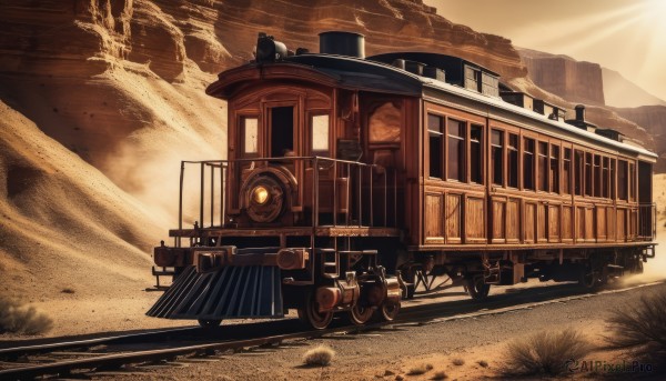 outdoors,sky,day,no humans,sunlight,grass,ground vehicle,building,scenery,motor vehicle,smoke,sand,vehicle focus,train,desert,dust,railroad tracks,wheel,truck,steampunk,hat,cloud,tree,top hat,mountain,sepia,brown theme