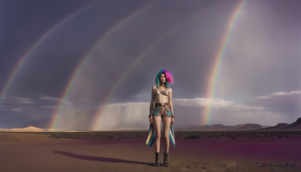 1girl,solo,long hair,breasts,hair ornament,navel,bare shoulders,jewelry,closed mouth,standing,full body,ponytail,pink hair,purple hair,multicolored hair,boots,outdoors,sky,shorts,midriff,belt,cloud,bracelet,two-tone hair,short shorts,shadow,cloudy sky,denim,scenery,denim shorts,mountain,arms at sides,wide shot,short hair,skirt,swimsuit,bikini,green hair,bikini top only,desert