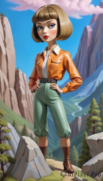 1girl,solo,looking at viewer,blush,short hair,bangs,blue eyes,blonde hair,brown hair,shirt,long sleeves,standing,jacket,full body,white shirt,boots,outdoors,open clothes,sky,day,collared shirt,belt,pants,artist name,cloud,blunt bangs,open jacket,tree,blue sky,lips,makeup,brown footwear,bob cut,grass,lipstick,buckle,hands on hips,rock,mountain,red lips,leather,green pants,orange jacket,cliff,high heels,high heel boots,black belt,brown jacket,shirt tucked in,leather jacket