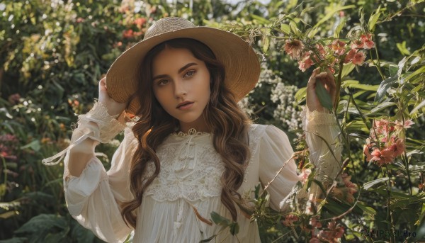 1girl,solo,long hair,looking at viewer,brown hair,long sleeves,hat,dress,holding,brown eyes,closed mouth,upper body,flower,outdoors,day,white dress,blurry,lips,hands up,blurry background,bird,animal,leaf,wavy hair,sunlight,plant,nature,lace trim,lace,freckles,sun hat,realistic,straw hat,bird on hand,blue eyes,gloves,parted lips