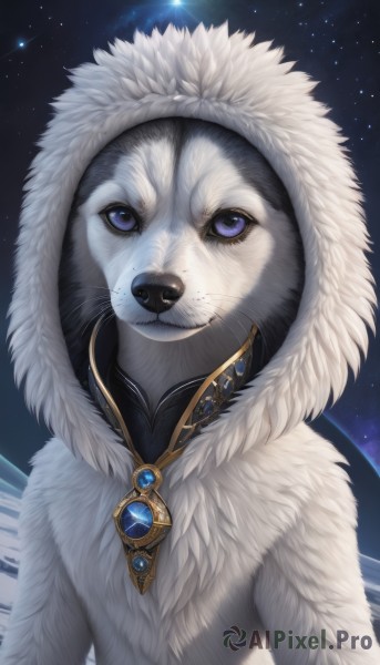 solo,looking at viewer,blue eyes,jewelry,purple eyes,upper body,sky,signature,hood,fur trim,no humans,animal,brooch,gem,star (sky),night sky,pendant,hood up,starry sky,realistic,space,animal focus,white fur,fur,whiskers,clothed animal,fluffy,closed mouth,necklace,night