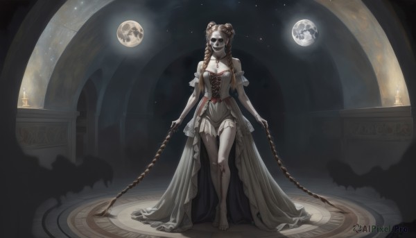 1girl,solo,long hair,breasts,looking at viewer,brown hair,hair ornament,dress,holding,cleavage,bare shoulders,jewelry,medium breasts,very long hair,standing,full body,braid,barefoot,necklace,hair bun,white dress,twin braids,bracelet,double bun,blood,moon,pale skin,star (sky),corset,skull,absurdly long hair,planet,pillar,gloves,sky,elbow gloves,indoors,torn clothes,mask,night,chain,night sky,veil,facing viewer,full moon,walking,candle