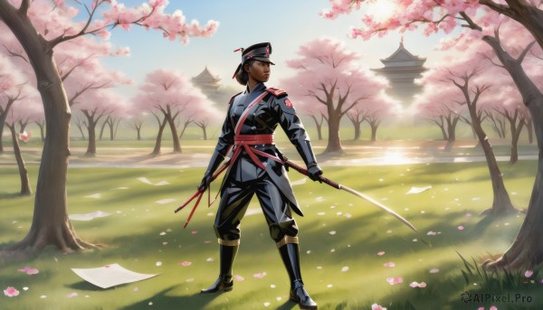 1girl,solo,brown hair,black hair,gloves,1boy,hat,holding,brown eyes,standing,weapon,flower,male focus,boots,outdoors,sky,day,pants,sword,holding weapon,armor,uniform,tree,military,petals,black headwear,military uniform,holding sword,katana,grass,cherry blossoms,sheath,dual wielding,paper,architecture,east asian architecture,short sword,short hair,long sleeves,closed mouth,jacket,full body,cloud,hair bun,black footwear,blue sky,sash,looking away,black pants,sunlight,building,scenery,pink flower,castle,path,pagoda