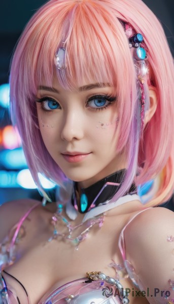 1girl,solo,breasts,looking at viewer,smile,short hair,bangs,blue eyes,hair ornament,cleavage,bare shoulders,medium breasts,closed mouth,upper body,pink hair,choker,blurry,lips,eyelashes,makeup,detached collar,depth of field,blurry background,bob cut,gem,science fiction,pink lips,realistic,nose,android,cyborg,cyberpunk,mechanical parts,jewelry,collarbone,artist name,watermark,light smile,portrait,web address,close-up