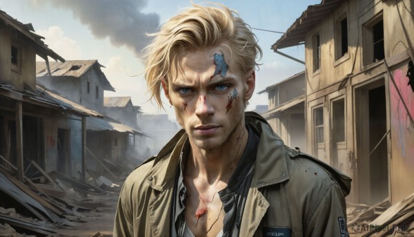 HQ,solo,looking at viewer,short hair,blue eyes,blonde hair,shirt,1boy,closed mouth,jacket,upper body,male focus,outdoors,sky,day,cloud,lips,torn clothes,blood,facial hair,scar,building,brown jacket,injury,blood on face,realistic,manly,ruins,dirty,bruise,damaged,cuts,dirty face,portrait,house,cyborg