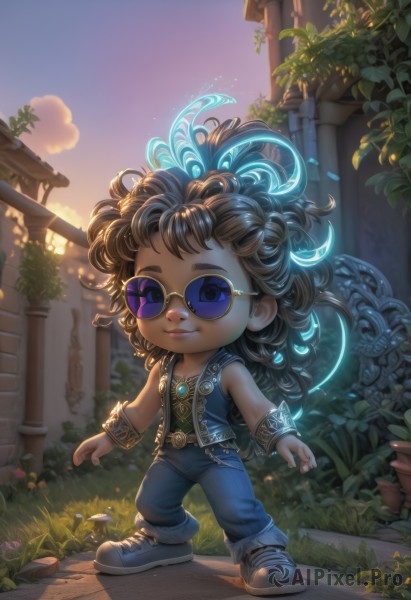 1girl,solo,long hair,smile,blue eyes,brown hair,black hair,jewelry,closed mouth,standing,full body,flower,outdoors,sky,shoes,glasses,sleeveless,belt,pants,artist name,cloud,dark skin,necklace,chibi,vest,bracelet,dark-skinned female,lips,glowing,leaf,watermark,sunglasses,ring,grass,plant,denim,building,messy hair,gem,sneakers,child,web address,walking,curly hair,sunset,blue footwear,jeans,fantasy,round eyewear,blue pants,female child,potted plant,vines,tinted eyewear,pillar,sleeveless jacket,very dark skin,purple-tinted eyewear,looking at viewer,shirt,cloudy sky