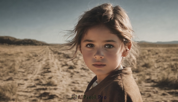 1girl,solo,looking at viewer,short hair,brown hair,black hair,brown eyes,jewelry,closed mouth,upper body,earrings,outdoors,sky,day,blurry,lips,looking to the side,floating hair,depth of field,blurry background,wind,portrait,realistic,nose,expressionless,sunlight,messy hair,backlighting