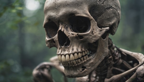 solo,1boy,male focus,outdoors,teeth,blurry,black eyes,tree,no humans,depth of field,blurry background,portrait,1other,skull,realistic,skeleton,bone,animal skull,nature