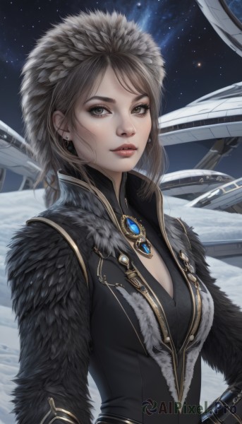 1girl,solo,breasts,looking at viewer,short hair,brown hair,hat,cleavage,brown eyes,jewelry,medium breasts,upper body,earrings,sky,lips,fur trim,night,brooch,gem,star (sky),snow,starry sky,realistic,nose,space,fur hat,long hair,parted lips,makeup,freckles