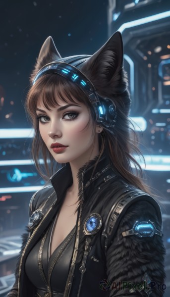 1girl,solo,long hair,breasts,looking at viewer,bangs,brown hair,animal ears,cleavage,brown eyes,jewelry,medium breasts,closed mouth,jacket,upper body,earrings,open clothes,artist name,cat ears,blurry,black eyes,open jacket,lips,black jacket,fur trim,eyelashes,makeup,night,depth of field,blurry background,fake animal ears,headphones,lipstick,zipper,science fiction,nose,unzipped,red lips,stud earrings,leather,leather jacket,cyberpunk,outdoors,signature,headgear,eyeshadow,realistic,eyeliner,mascara,animal ear headphones,neon lights,mechanical ears