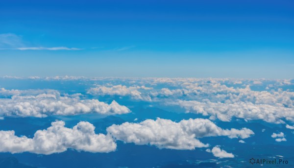 monochrome,outdoors,sky,day,cloud,blue sky,no humans,ocean,cloudy sky,scenery,blue theme,mountain,horizon,landscape,water,above clouds