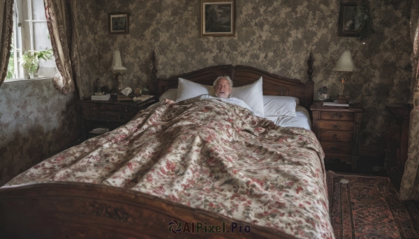 solo,short hair,blonde hair,brown hair,shirt,long sleeves,1boy,closed eyes,white shirt,male focus,lying,day,indoors,pillow,book,window,bed,bed sheet,on bed,on side,floral print,sunlight,sleeping,plant,curtains,scenery,blanket,potted plant,lamp,candle,photo (object),bedroom,under covers,picture frame,painting (object),rug,white hair,stuffed toy,mirror,old,drawer,portrait (object)