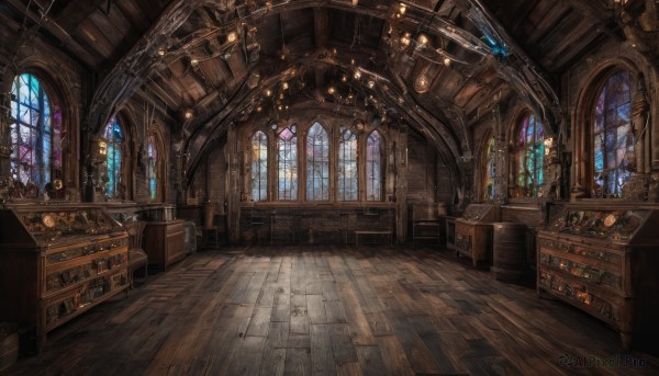 indoors,book,no humans,window,table,sunlight,scenery,light rays,lantern,wooden floor,stairs,fantasy,clock,bookshelf,light,candle,architecture,shelf,ceiling,stained glass,church,arch,barrel,chandelier,treasure chest,sky,day,chair,bottle,fire,box,crystal,pillar,candlestand