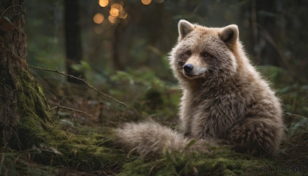 outdoors, blurry, tree, no humans, depth of field, blurry background, animal, nature, forest, realistic, animal focus