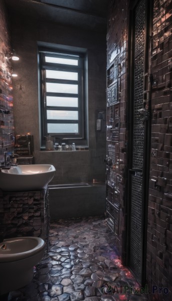 indoors,no humans,window,night,building,scenery,reflection,tiles,light,lamp,bathing,bath,tile floor,bathroom,brick wall,bathtub,tile wall,toilet,sink,faucet,day,cup,sunlight,bottle,mirror,door,candle,wall,stool