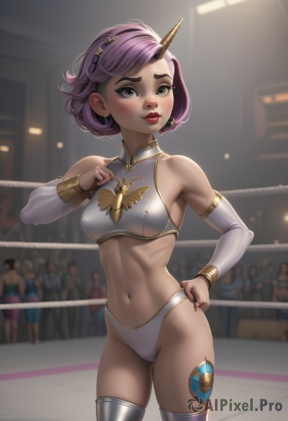 1girl,solo,breasts,looking at viewer,blush,short hair,hair ornament,thighhighs,navel,bare shoulders,jewelry,medium breasts,closed mouth,underwear,green eyes,standing,panties,purple hair,cowboy shot,hairband,earrings,parted lips,detached sleeves,horns,solo focus,midriff,artist name,indoors,stomach,blurry,covered nipples,lips,hand on hip,grey eyes,skindentation,makeup,blurry background,cameltoe,watermark,thick eyebrows,lipstick,single horn,realistic,red lips,bangs,long sleeves,brown eyes,yellow eyes,white panties,crop top,gem,web address,freckles,white sleeves