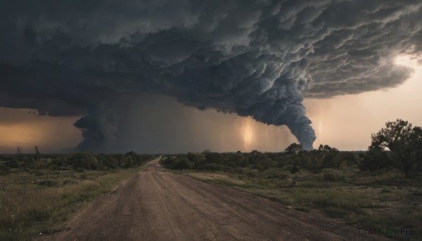 outdoors,sky,cloud,tree,no humans,cloudy sky,grass,nature,scenery,forest,smoke,sunset,mountain,road,landscape,fog,path,horizon