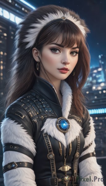 1girl,solo,long hair,breasts,looking at viewer,bangs,brown hair,long sleeves,brown eyes,jewelry,closed mouth,upper body,hairband,earrings,outdoors,sky,belt,blurry,black eyes,lips,coat,fur trim,makeup,night,blurry background,lipstick,brooch,building,gem,night sky,buckle,eyeshadow,freckles,hoop earrings,city,realistic,nose,red lips,leather,fur coat,black hair,small breasts,parted lips,eyelashes,fur,city lights