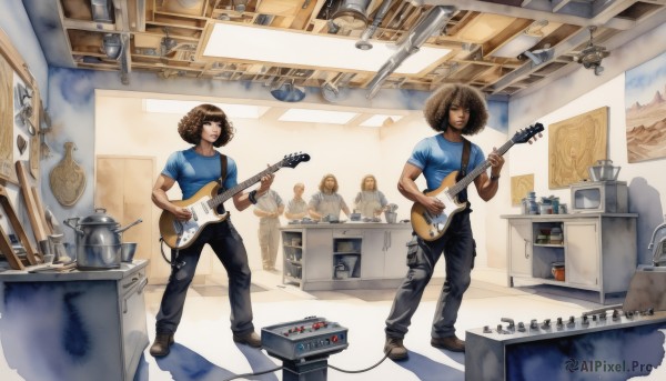 1girl,smile,short hair,multiple girls,brown hair,shirt,1boy,holding,2girls,brown eyes,standing,short sleeves,multiple boys,shoes,pants,indoors,dark skin,apron,shadow,brown footwear,black pants,bottle,blue shirt,denim,t-shirt,instrument,bowl,jeans,realistic,music,guitar,cable,playing instrument,holding instrument,cooking,electric guitar,kitchen,drum,speaker,sink,spatula,afro,kettle,stove,black hair,hat,torn clothes,facial hair,television,drum set,amplifier