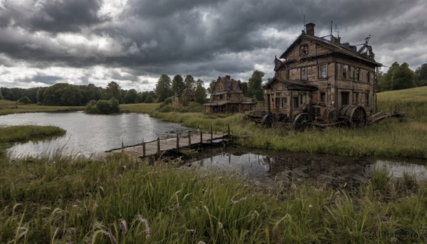 outdoors,sky,day,cloud,water,tree,no humans,window,cloudy sky,grass,building,nature,scenery,forest,watercraft,field,house,bridge,river,landscape,windmill,reflection,fence,lake,path,chimney