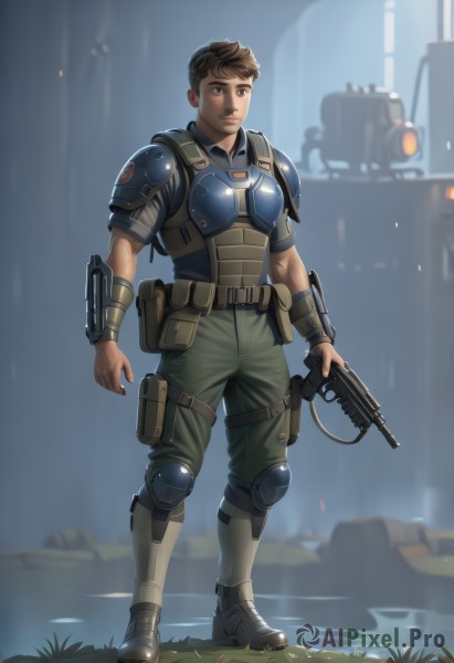 solo,looking at viewer,short hair,brown hair,1boy,holding,brown eyes,standing,full body,weapon,male focus,boots,outdoors,pants,water,holding weapon,armor,gun,military,muscular,shoulder armor,holding gun,rifle,science fiction,pouch,realistic,assault rifle,knee pads,bulletproof vest,1girl,shirt,black hair,closed mouth,belt,blue shirt,rain,shoulder pads,submachine gun,green pants