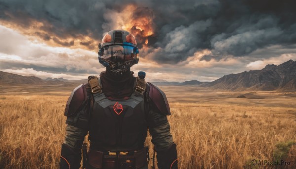 solo,1boy,upper body,male focus,outdoors,sky,day,cloud,armor,military,helmet,cloudy sky,grass,fire,scenery,smoke,science fiction,mountain,pilot suit,field,mountainous horizon,burning,belt,glowing,realistic