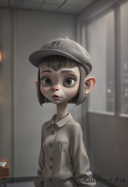 1girl,solo,looking at viewer,short hair,bangs,brown hair,shirt,black hair,long sleeves,hat,brown eyes,upper body,parted lips,teeth,collared shirt,indoors,blurry,lips,window,buttons,depth of field,blurry background,grey shirt,pocket,female child,breast pocket,grey headwear,pointy ears,uniform,black eyes,bob cut,thick eyebrows,nose