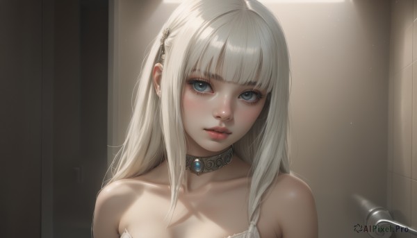 1girl,solo,long hair,breasts,looking at viewer,bangs,blue eyes,hair ornament,bare shoulders,underwear,collarbone,upper body,white hair,parted lips,choker,indoors,blunt bangs,bra,lips,grey eyes,eyelashes,portrait,realistic,blush,blonde hair,cleavage,jewelry,shiny,makeup,sunlight,gem,pink lips,nose,door,tiles,red lips,light,tile wall,mascara